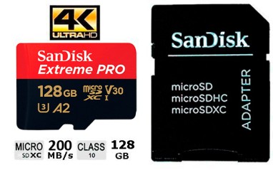 Sandisk Tarjeta Micro SDXC EXTREME 128GB con adaptador SD Velocidad hasta 200 MB/s