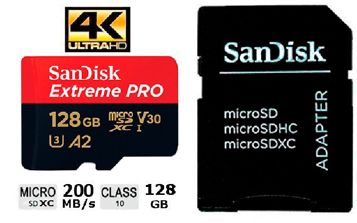 Sandisk Tarjeta Micro SDXC EXTREME 128GB con adaptador SD Velocidad hasta 200 MB/s